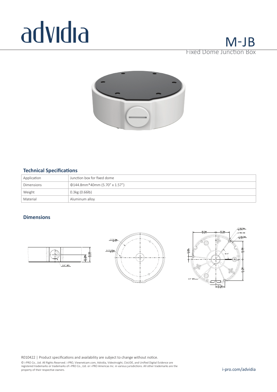 i-PRO M-JB Fixed Dome Junction Box User Manual | 1 page