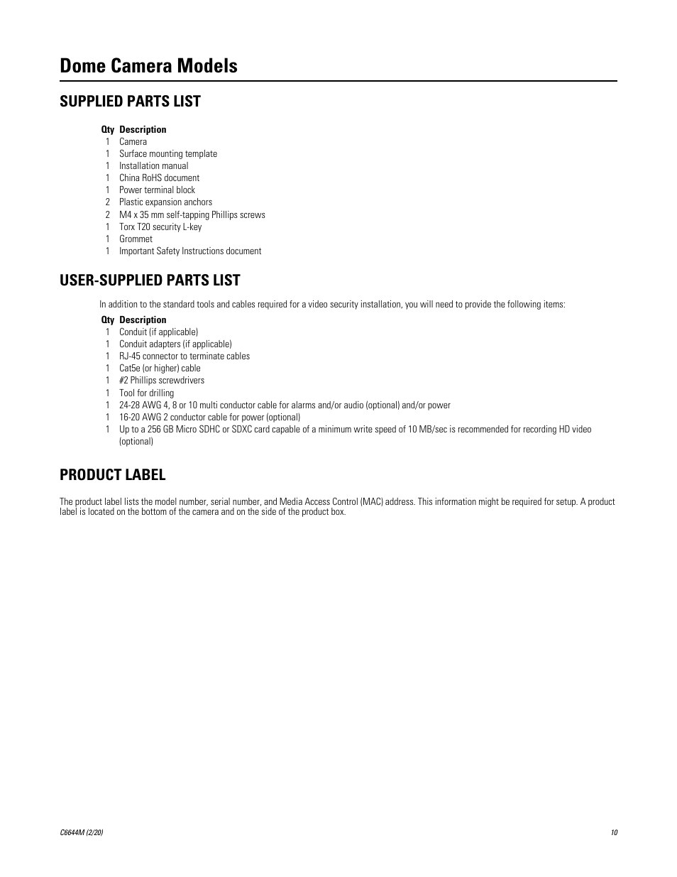 Dome camera models, Supplied parts list, User-supplied parts list | Product label, Supplied parts list user-supplied parts list | Pelco IME3ICM-E In-Ceiling Mount for Sarix Enhanced 3 Series Cameras User Manual | Page 10 / 24