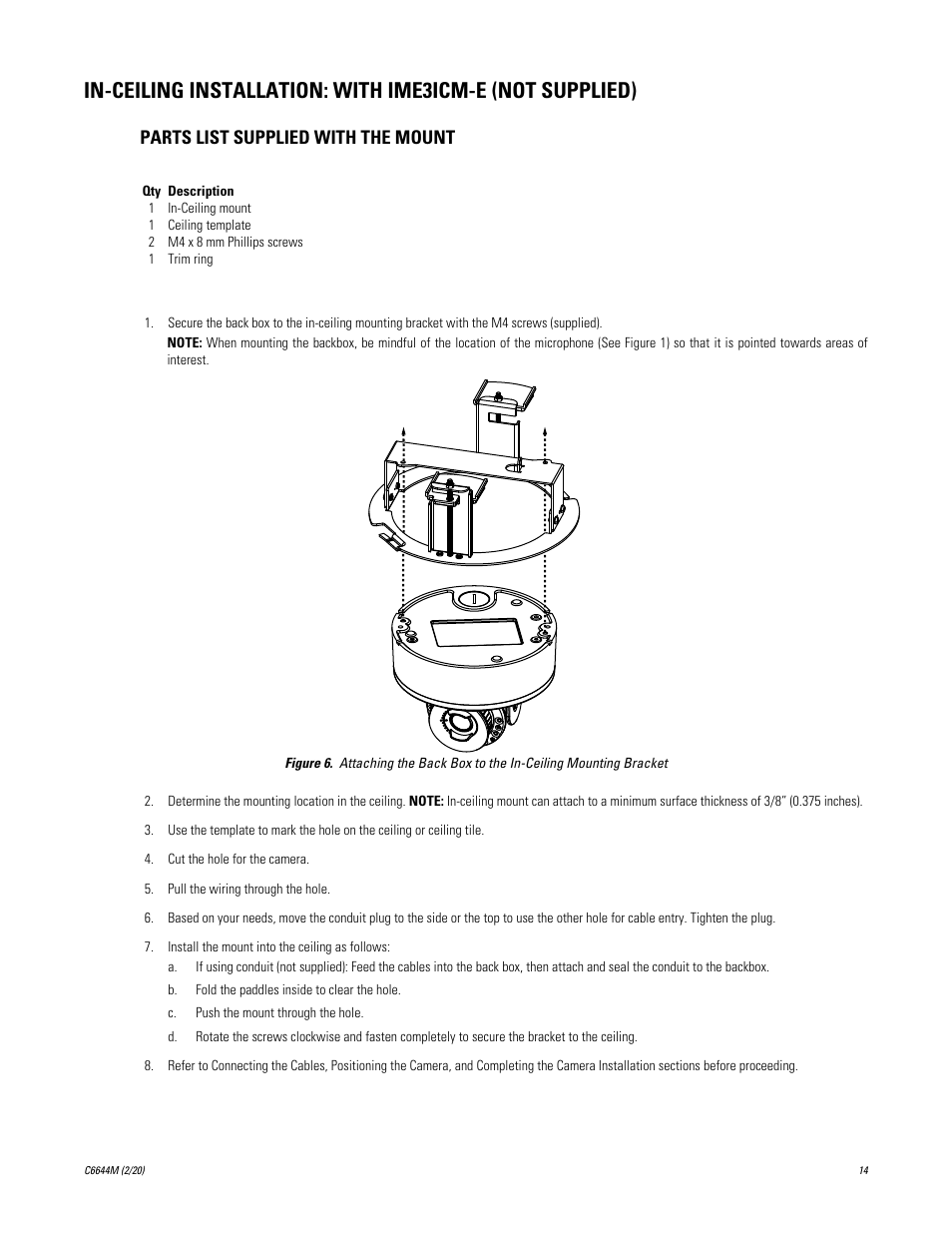 Parts list supplied with the mount | Pelco IME3ICM-E In-Ceiling Mount for Sarix Enhanced 3 Series Cameras User Manual | Page 14 / 24