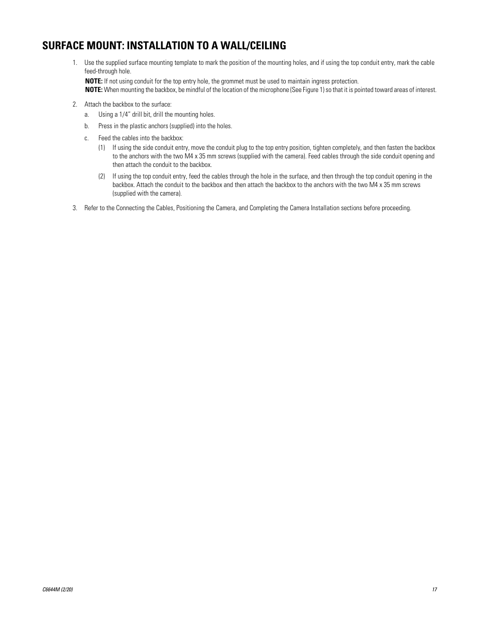 Surface mount: installation to a wall/ceiling | Pelco IME3ICM-E In-Ceiling Mount for Sarix Enhanced 3 Series Cameras User Manual | Page 17 / 24
