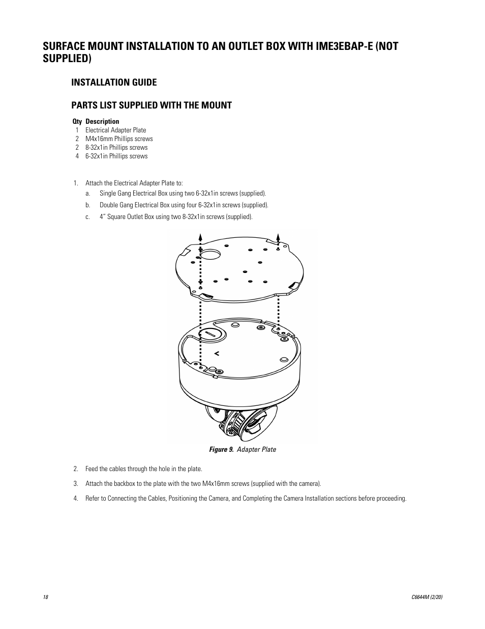 Installation guide, Parts list supplied with the mount | Pelco IME3ICM-E In-Ceiling Mount for Sarix Enhanced 3 Series Cameras User Manual | Page 18 / 24