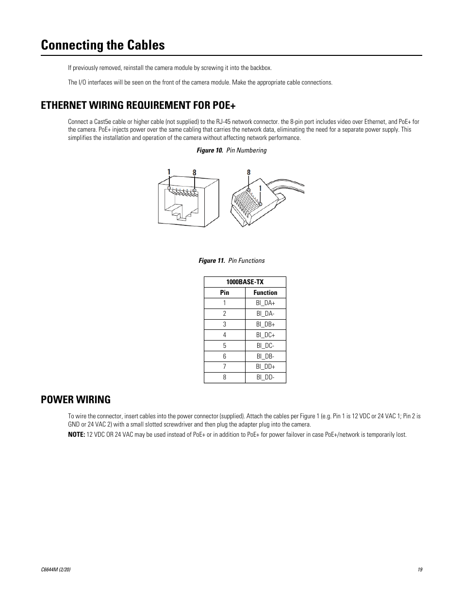 Connecting the cables, Ethernet wiring requirement for poe, Power wiring | Ethernet wiring requirement for poe+ power wiring | Pelco IME3ICM-E In-Ceiling Mount for Sarix Enhanced 3 Series Cameras User Manual | Page 19 / 24