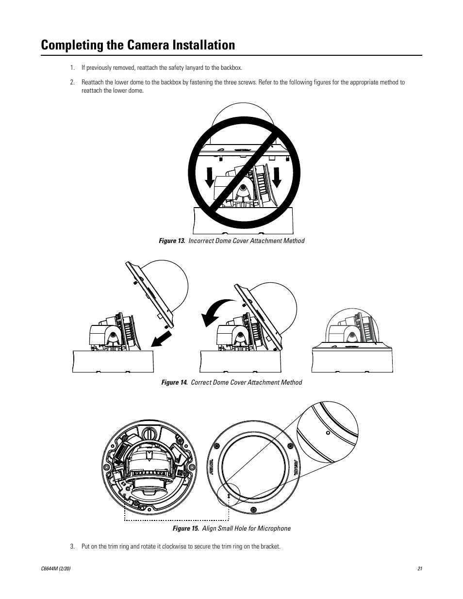 Completing the camera installation | Pelco IME3ICM-E In-Ceiling Mount for Sarix Enhanced 3 Series Cameras User Manual | Page 21 / 24