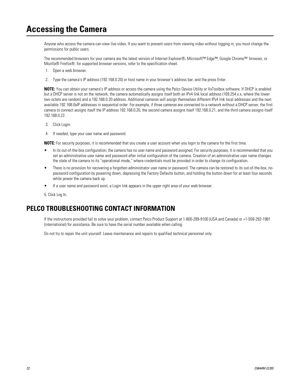 Accessing the camera, Pelco troubleshooting contact information | Pelco IME3ICM-E In-Ceiling Mount for Sarix Enhanced 3 Series Cameras User Manual | Page 22 / 24