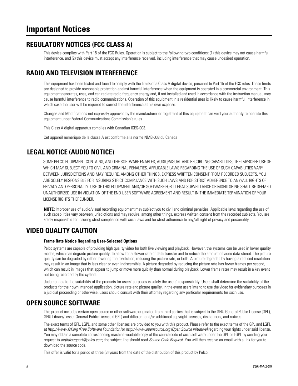 Important notices, Regulatory notices (fcc class a), Radio and television interference | Legal notice (audio notice), Video quality caution, Open source software | Pelco IME3ICM-E In-Ceiling Mount for Sarix Enhanced 3 Series Cameras User Manual | Page 5 / 24
