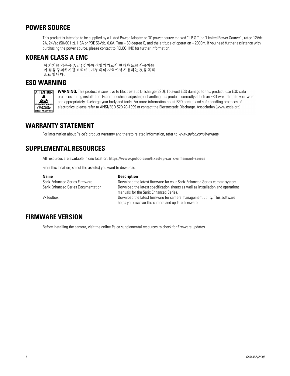 Power source, Esd warning, Warranty statement | Supplemental resources, Firmware version, Korean class a emc esd warning warranty statement | Pelco IME3ICM-E In-Ceiling Mount for Sarix Enhanced 3 Series Cameras User Manual | Page 6 / 24