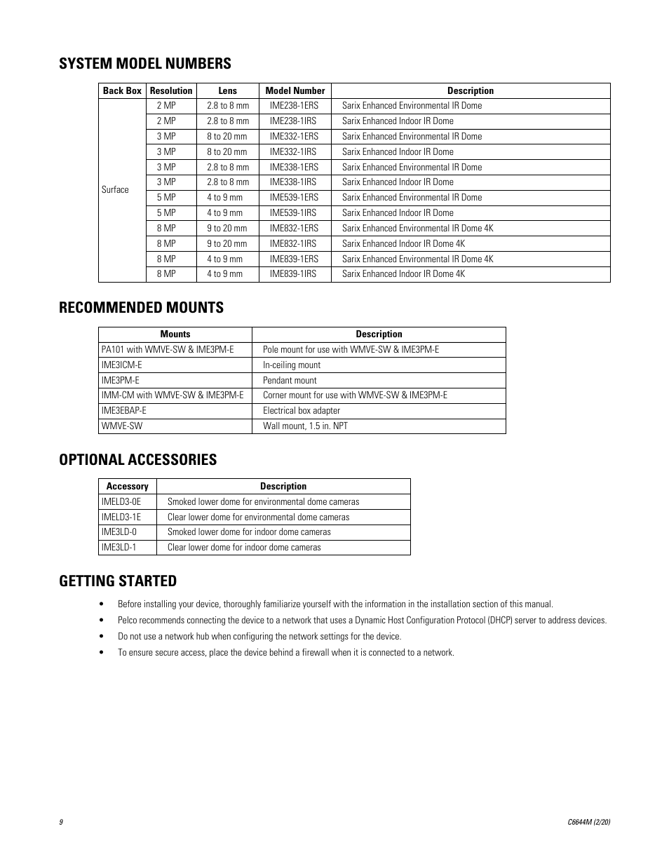 System model numbers, Recommended mounts, Optional accessories | Getting started | Pelco IME3ICM-E In-Ceiling Mount for Sarix Enhanced 3 Series Cameras User Manual | Page 9 / 24