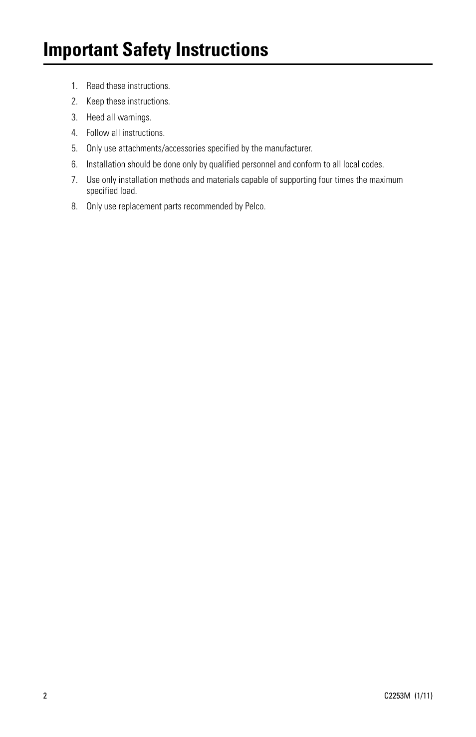Important safety instructions | Pelco WMVE-SR Wall Mount User Manual | Page 2 / 8
