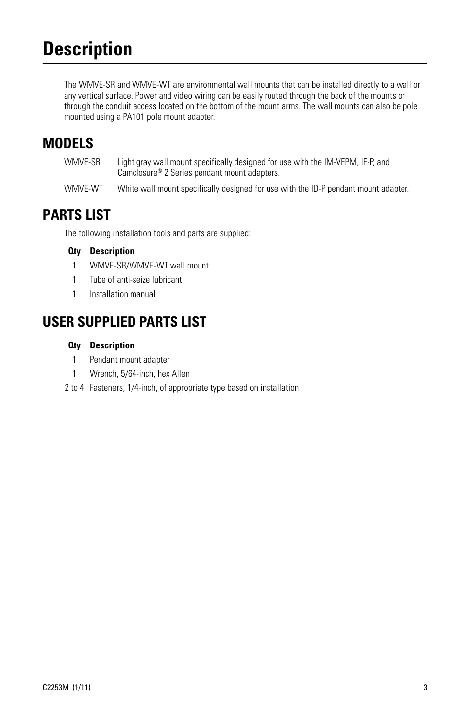 Description, Models, Parts list | User supplied parts list | Pelco WMVE-SR Wall Mount User Manual | Page 3 / 8