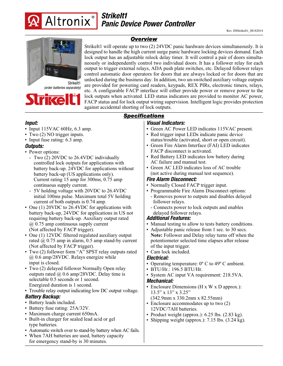 Altronix StrikeIt1 Panic Device Power Controller User Manual | 2 pages