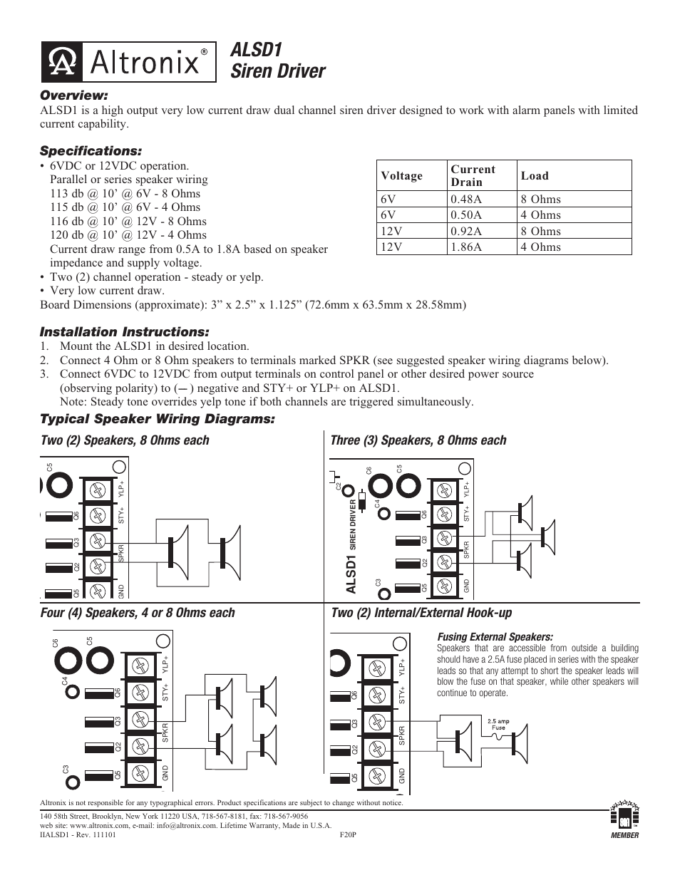 Altronix Siren Driver (6 / 12 VDC) User Manual | 1 page