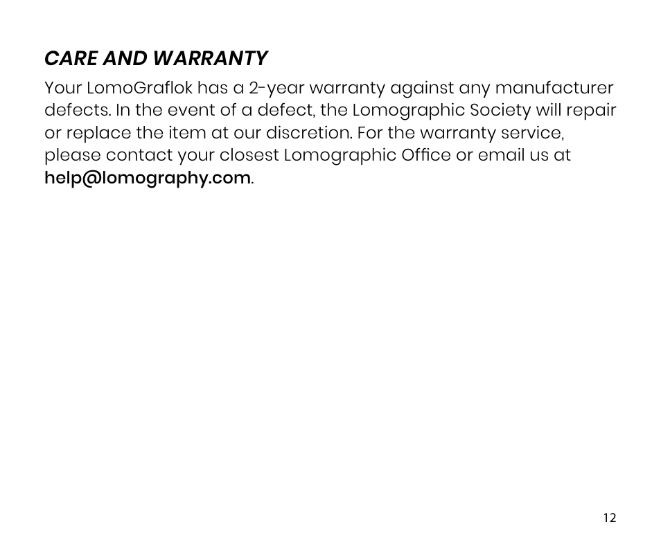 Care and warranty | Lomography LomoGraflok 4x5 Instant Back User Manual | Page 12 / 111