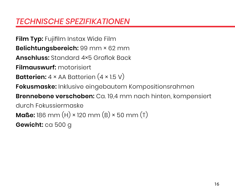 Technische spezifikationen | Lomography LomoGraflok 4x5 Instant Back User Manual | Page 16 / 111