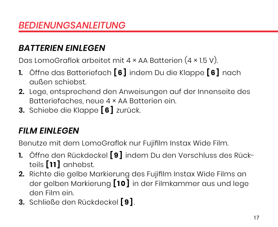 Bedienungsanleitung, Batterien einlegen, Film einlegen | Lomography LomoGraflok 4x5 Instant Back User Manual | Page 17 / 111