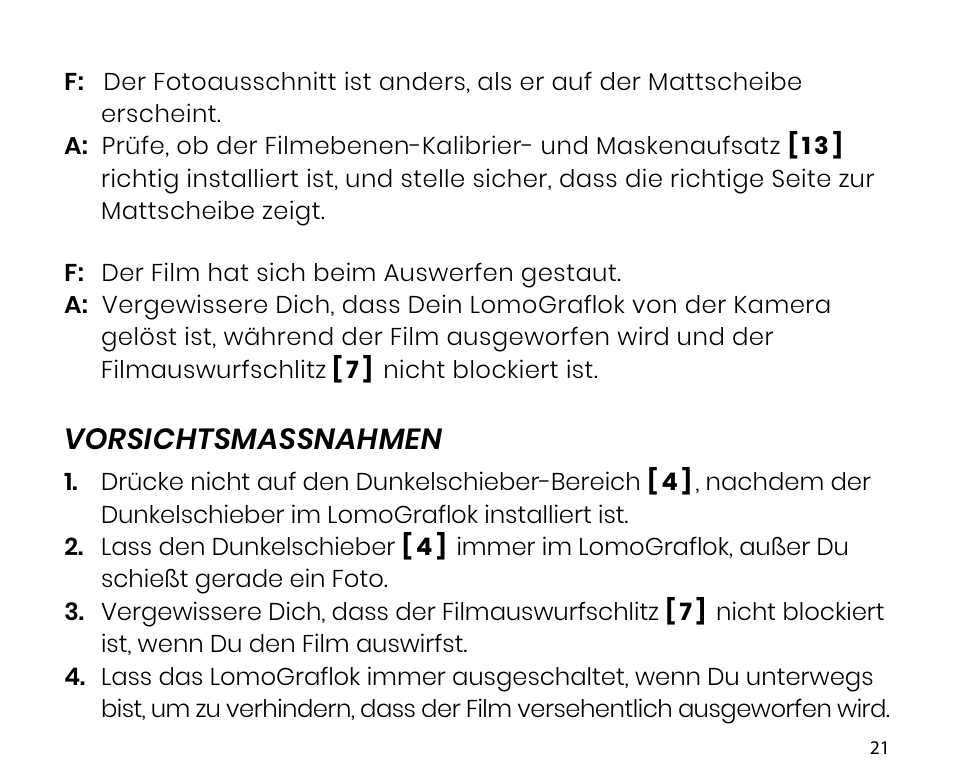 Vorsichtsmassnahmen | Lomography LomoGraflok 4x5 Instant Back User Manual | Page 21 / 111