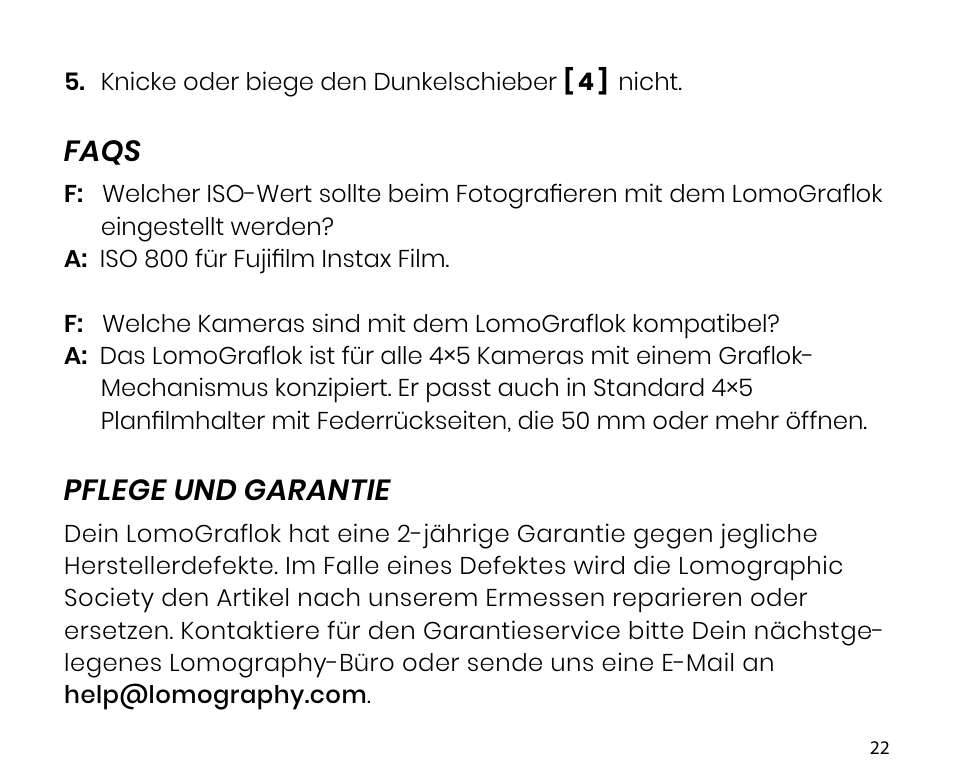 Faqs, Pflege und garantie | Lomography LomoGraflok 4x5 Instant Back User Manual | Page 22 / 111