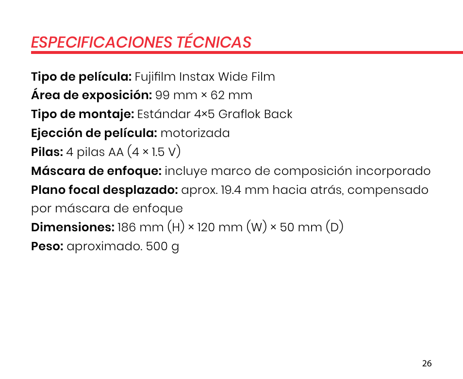 Especificaciones técnicas | Lomography LomoGraflok 4x5 Instant Back User Manual | Page 26 / 111