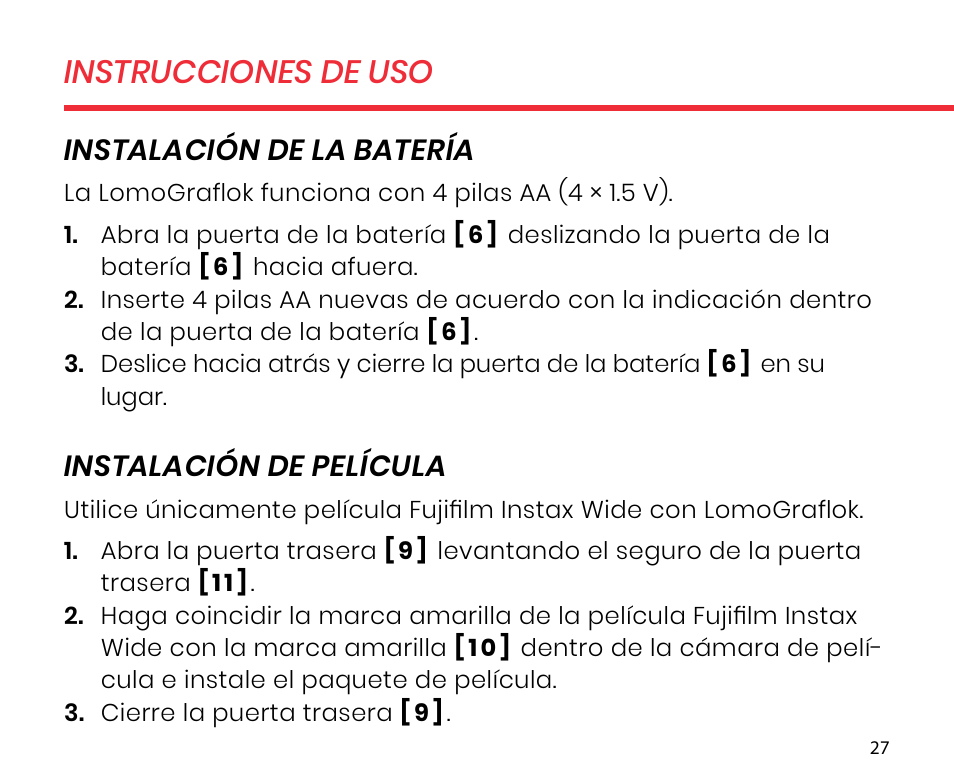 Instrucciones de uso, Instalación de la batería, Instalación de película | Lomography LomoGraflok 4x5 Instant Back User Manual | Page 27 / 111