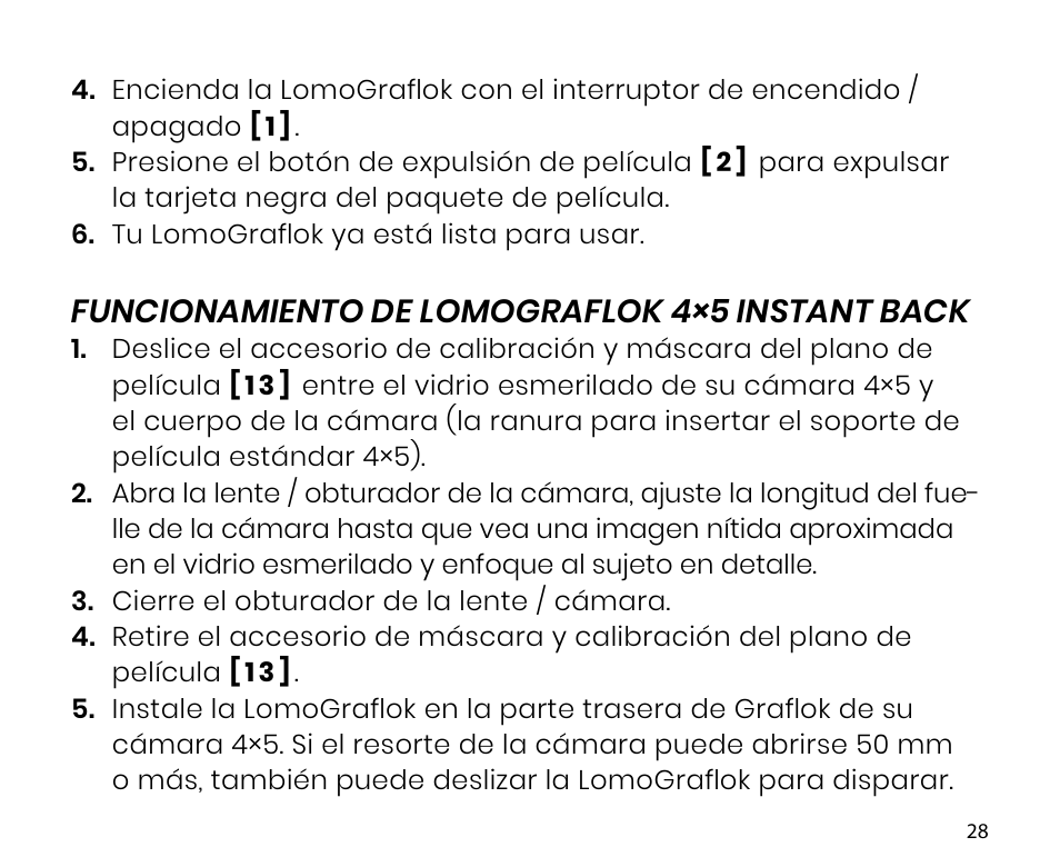 Funcionamiento de lomograflok 4×5 instant back | Lomography LomoGraflok 4x5 Instant Back User Manual | Page 28 / 111