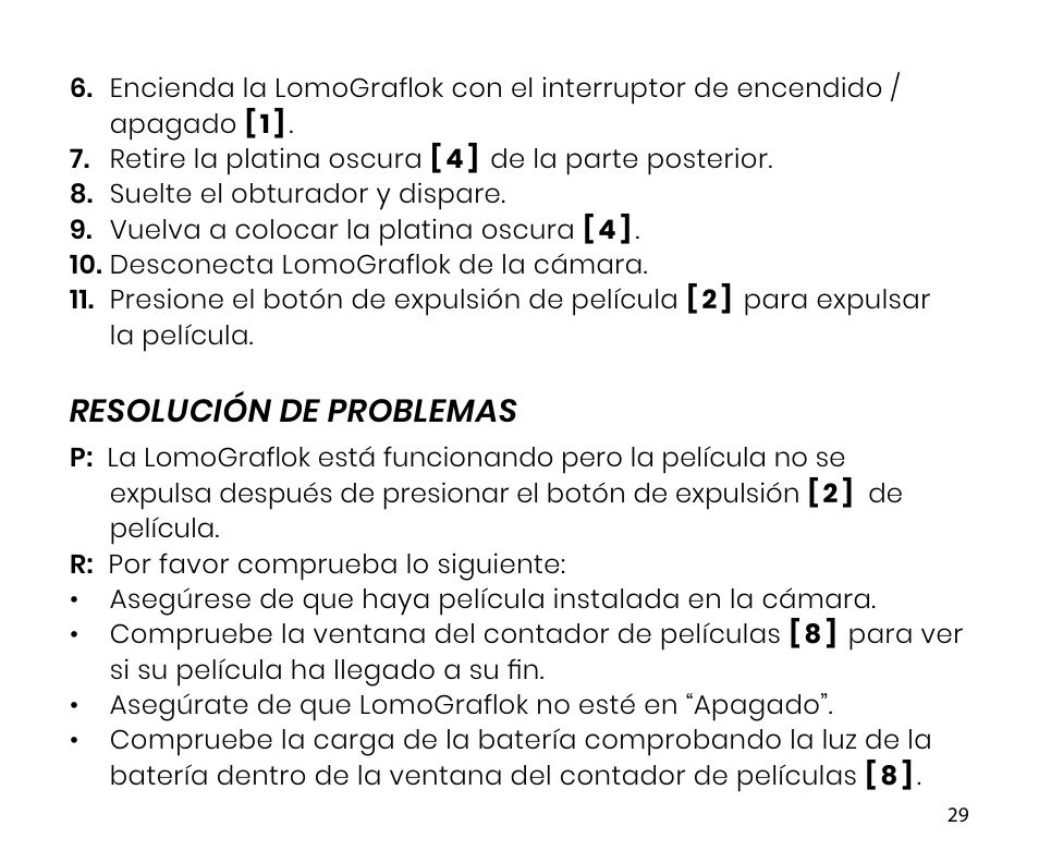Resolución de problemas | Lomography LomoGraflok 4x5 Instant Back User Manual | Page 29 / 111