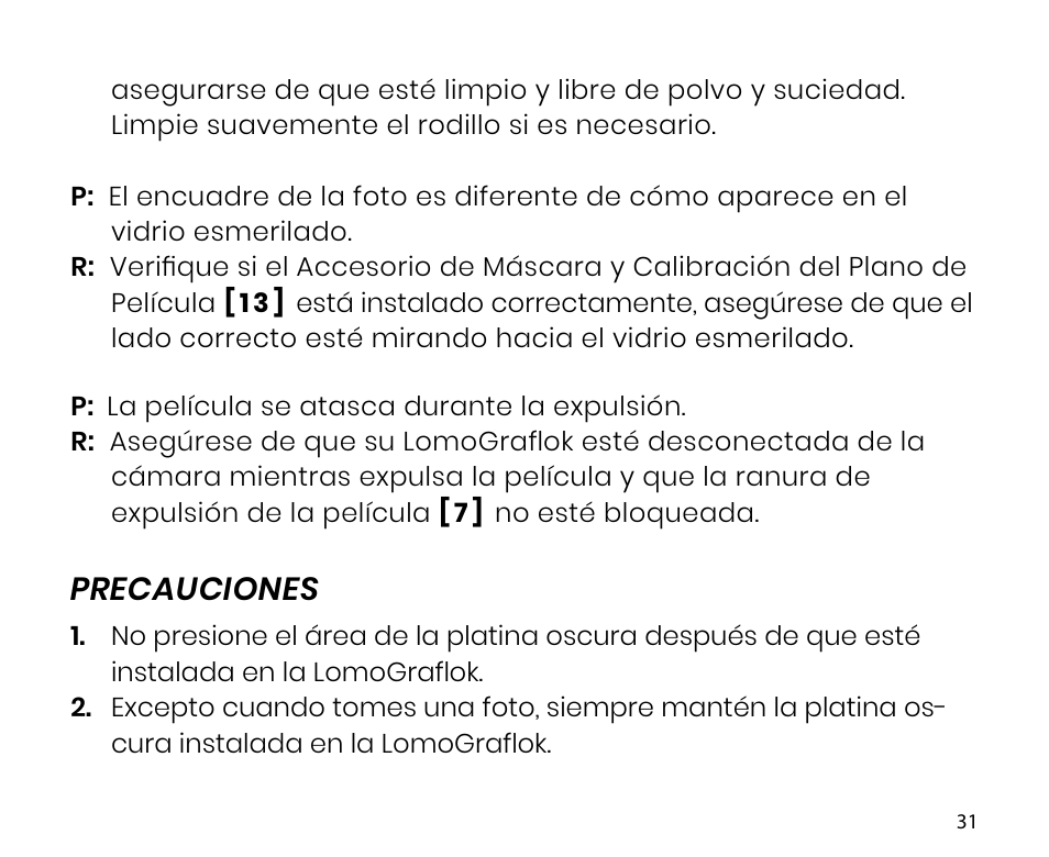 Precauciones | Lomography LomoGraflok 4x5 Instant Back User Manual | Page 31 / 111