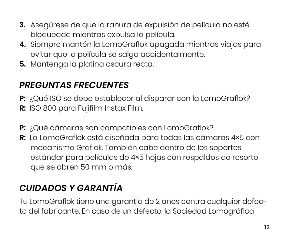 Preguntas frecuentes, Cuidados y garantía | Lomography LomoGraflok 4x5 Instant Back User Manual | Page 32 / 111