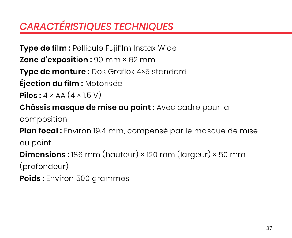 Caractéristiques techniques | Lomography LomoGraflok 4x5 Instant Back User Manual | Page 37 / 111