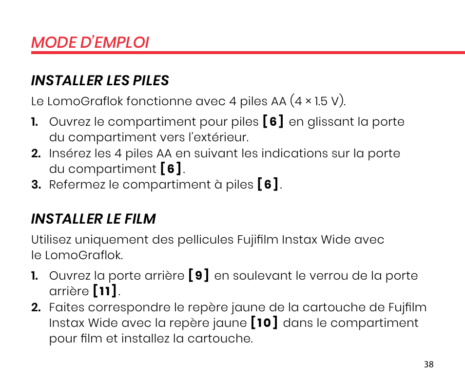 Mode d’emploi, Installer les piles, Installer le film | Lomography LomoGraflok 4x5 Instant Back User Manual | Page 38 / 111