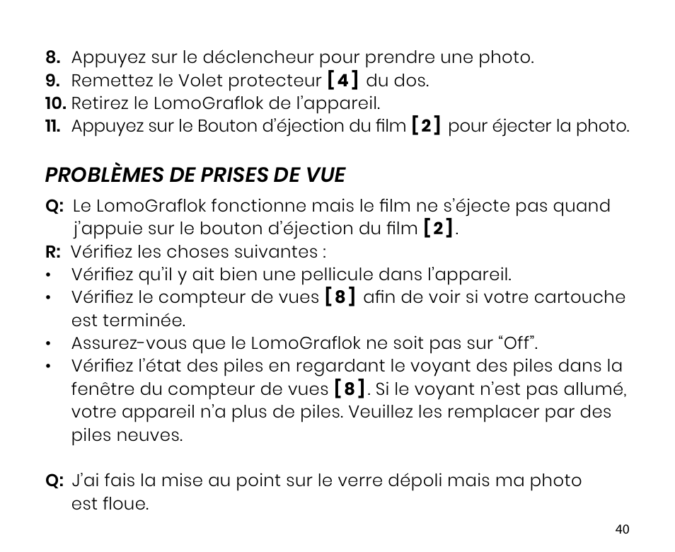 Problèmes de prises de vue | Lomography LomoGraflok 4x5 Instant Back User Manual | Page 40 / 111