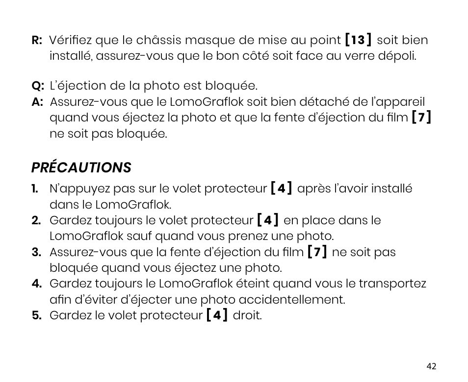 Précautions | Lomography LomoGraflok 4x5 Instant Back User Manual | Page 42 / 111