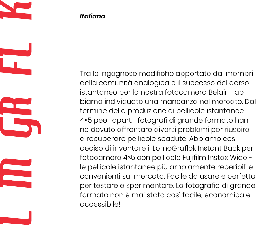 Istruzioni per l’uso | Lomography LomoGraflok 4x5 Instant Back User Manual | Page 44 / 111
