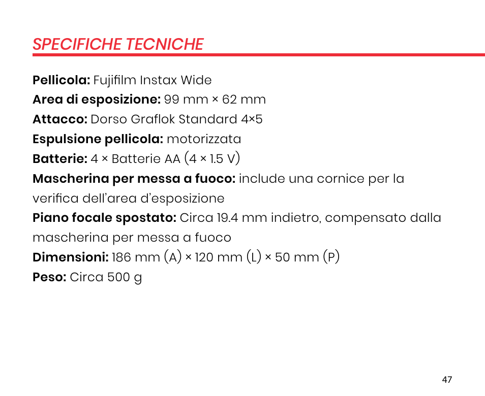 Specifiche tecniche | Lomography LomoGraflok 4x5 Instant Back User Manual | Page 47 / 111
