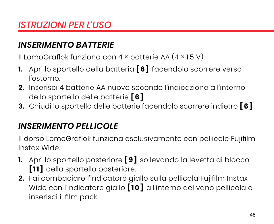 Istruzioni per l’uso, Inserimento batterie, Inserimento pellicole | Lomography LomoGraflok 4x5 Instant Back User Manual | Page 48 / 111
