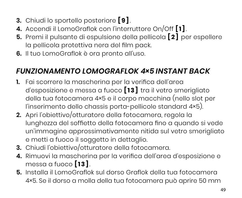 Funzionamento lomograflok 4×5 instant back | Lomography LomoGraflok 4x5 Instant Back User Manual | Page 49 / 111