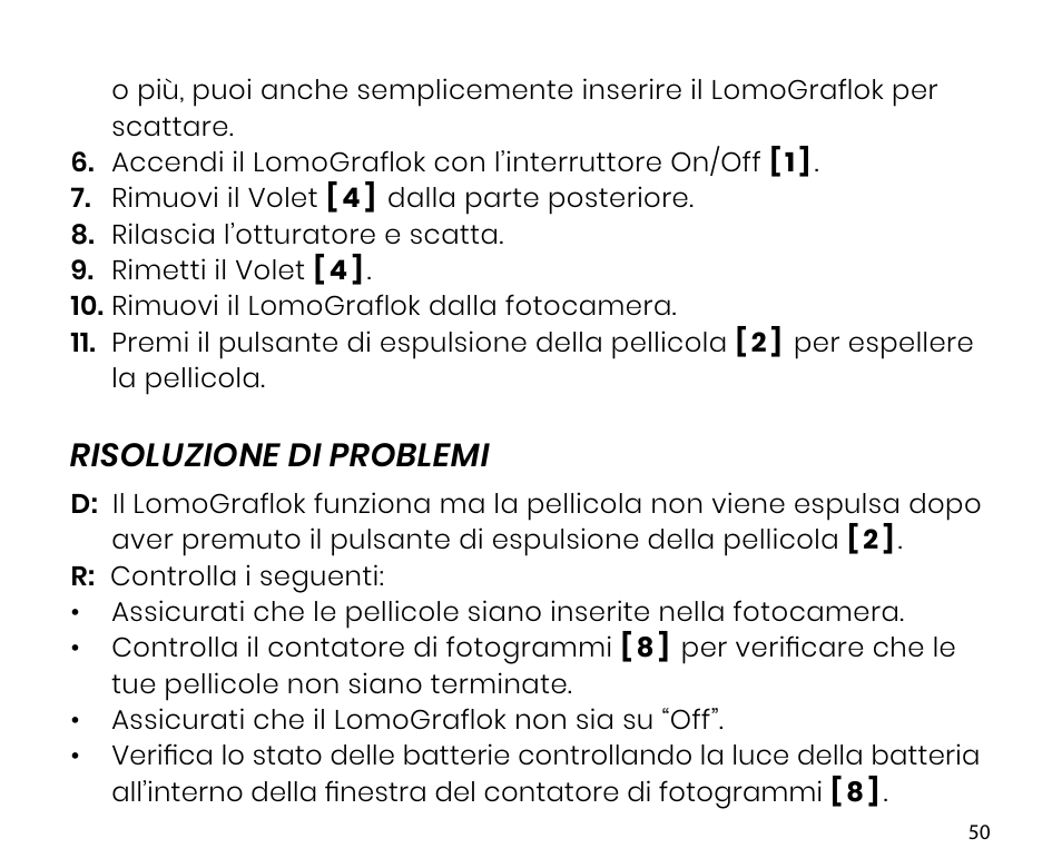 Risoluzione di problemi | Lomography LomoGraflok 4x5 Instant Back User Manual | Page 50 / 111