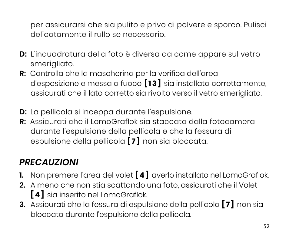 Precauzioni | Lomography LomoGraflok 4x5 Instant Back User Manual | Page 52 / 111