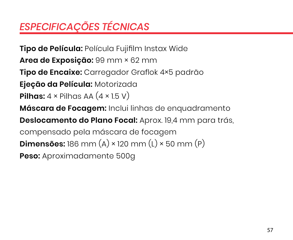 Especificações técnicas | Lomography LomoGraflok 4x5 Instant Back User Manual | Page 57 / 111