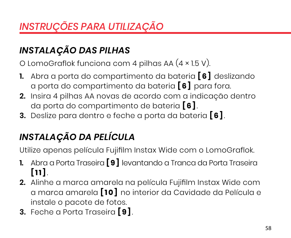 Instruções para utilização, Instalação das pilhas, Instalação da película | Lomography LomoGraflok 4x5 Instant Back User Manual | Page 58 / 111