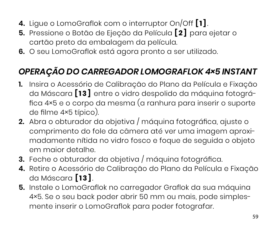 Operação do carregador lomograflok 4×5 instant | Lomography LomoGraflok 4x5 Instant Back User Manual | Page 59 / 111