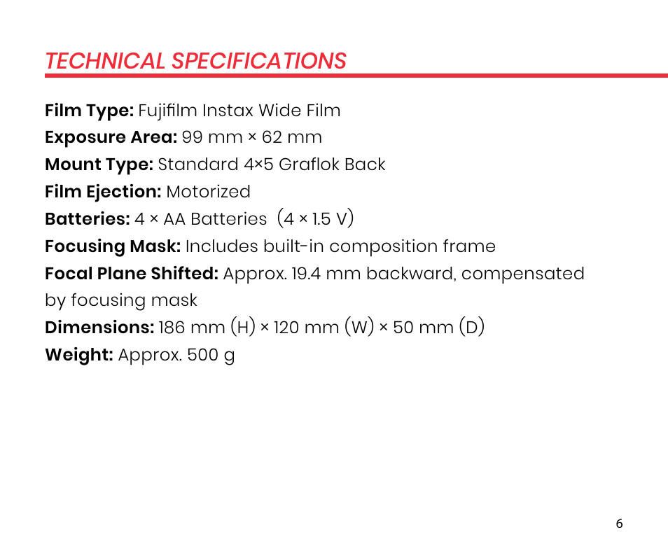 Technical specifications | Lomography LomoGraflok 4x5 Instant Back User Manual | Page 6 / 111
