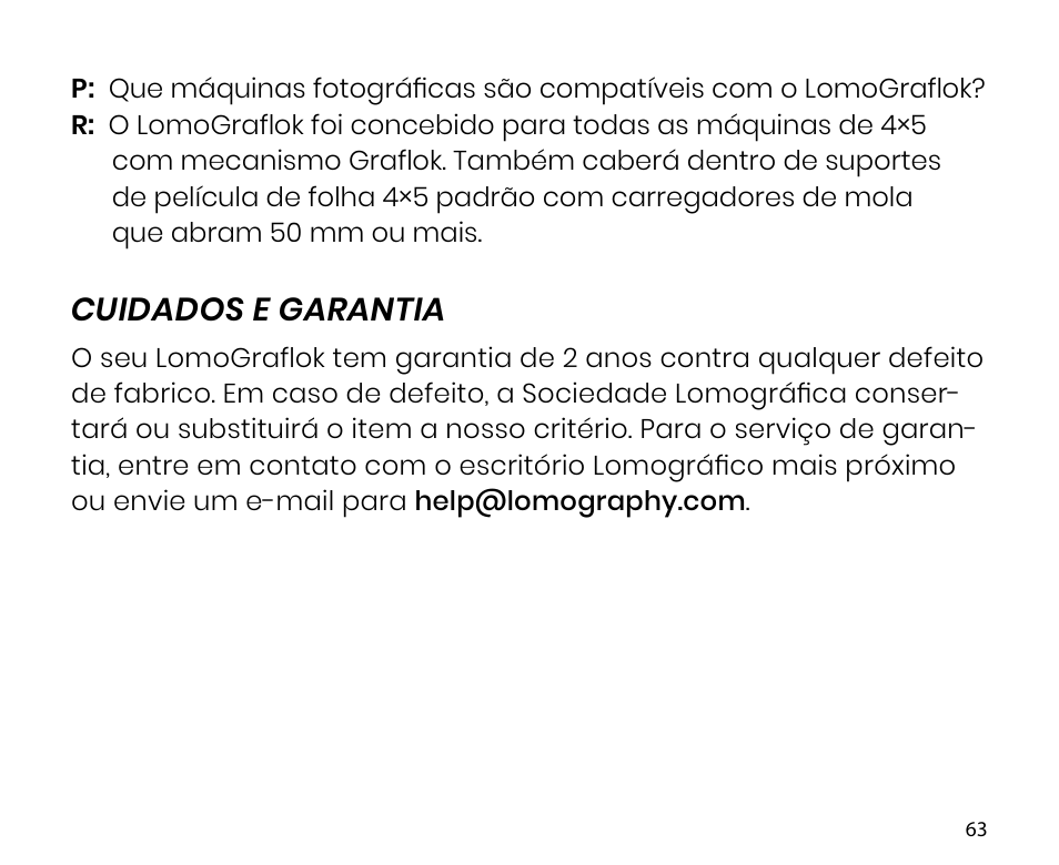 Cuidados e garantia | Lomography LomoGraflok 4x5 Instant Back User Manual | Page 63 / 111