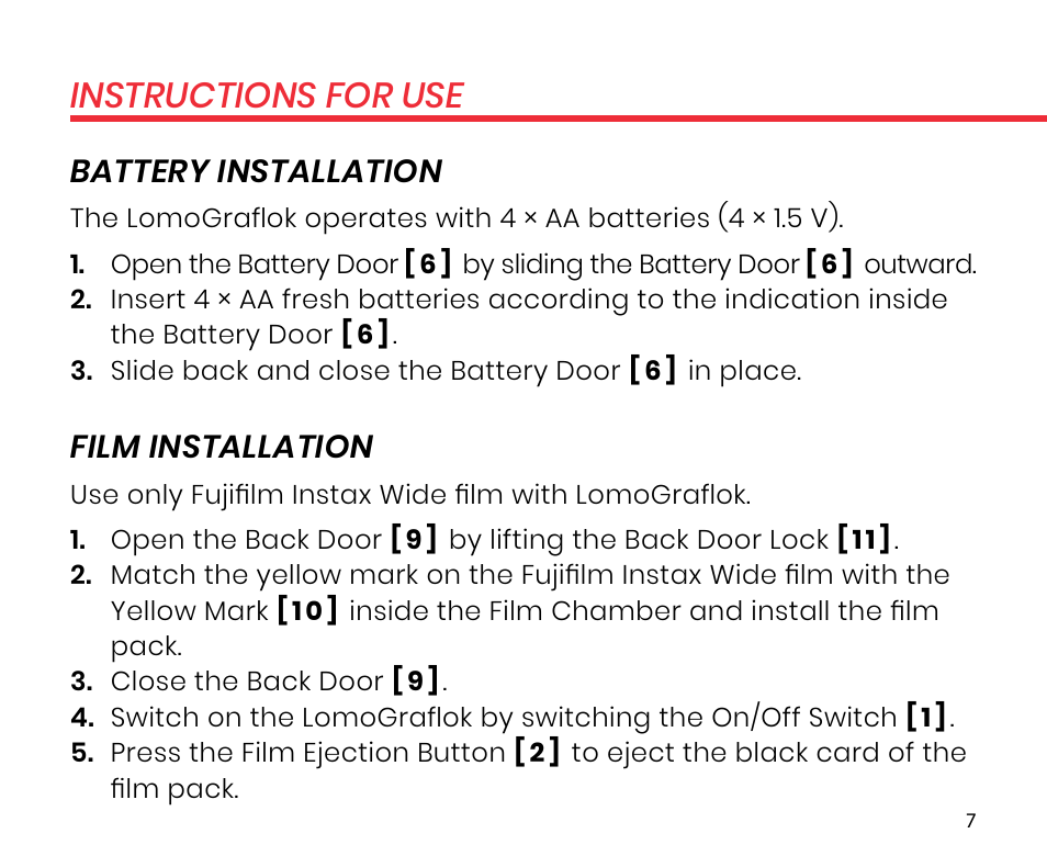 Instructions for use, Battery installation, Film installation | Lomography LomoGraflok 4x5 Instant Back User Manual | Page 7 / 111