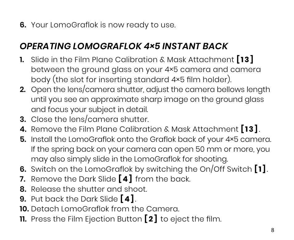 Operating lomograflok 4×5 instant back | Lomography LomoGraflok 4x5 Instant Back User Manual | Page 8 / 111