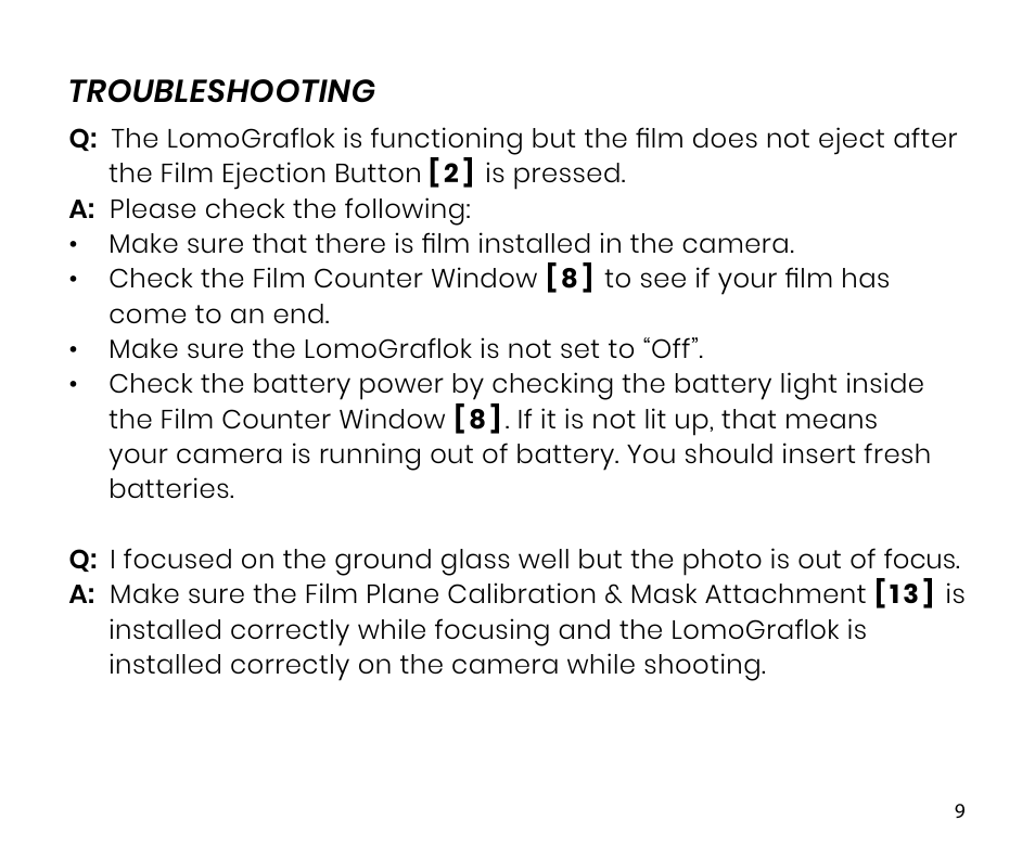 Troubleshooting | Lomography LomoGraflok 4x5 Instant Back User Manual | Page 9 / 111