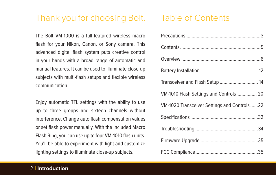 Bolt VM-1010C TTL Macro Flash User Manual | Page 2 / 36