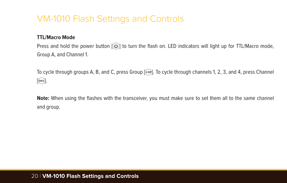 Vm-1010 flash settings and controls | Bolt VM-1010C TTL Macro Flash User Manual | Page 20 / 36
