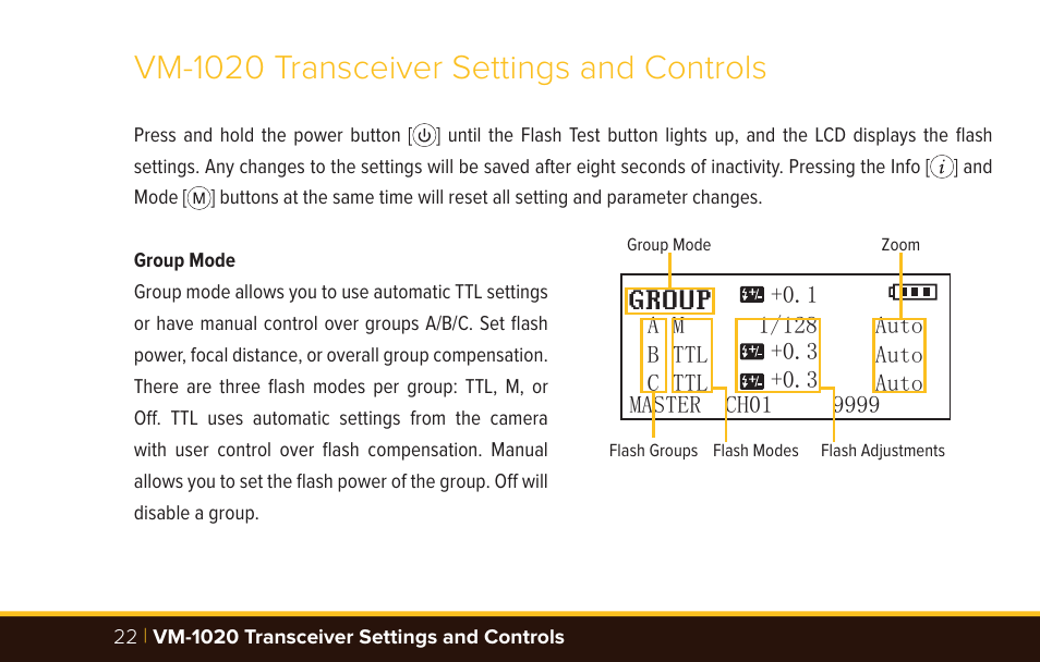 Vm-1020 transceiver settings and controls, Group | Bolt VM-1010C TTL Macro Flash User Manual | Page 22 / 36