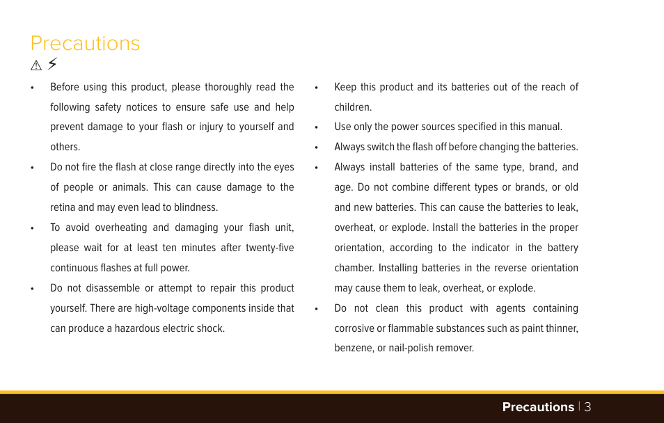 Precautions | Bolt VM-1010C TTL Macro Flash User Manual | Page 3 / 36