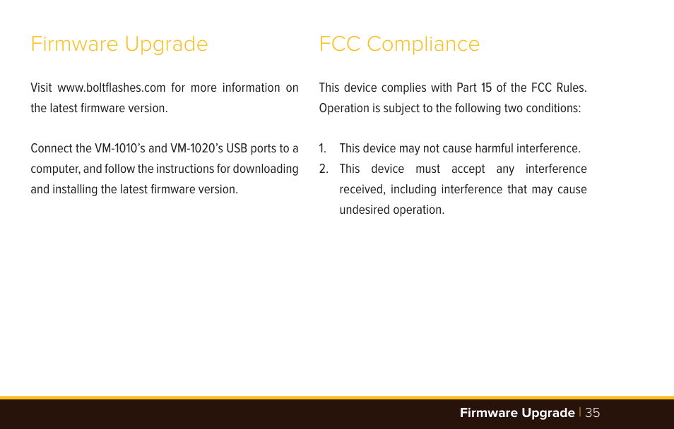 Firmware upgrade fcc compliance | Bolt VM-1010C TTL Macro Flash User Manual | Page 35 / 36