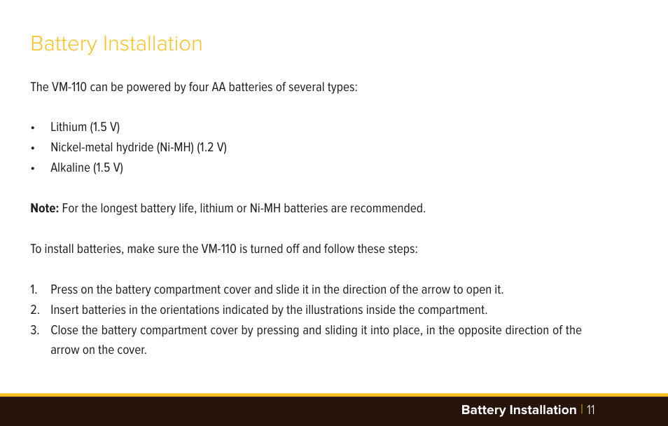 Battery installation | Bolt VM-110 LED Macro Ring Light User Manual | Page 11 / 24